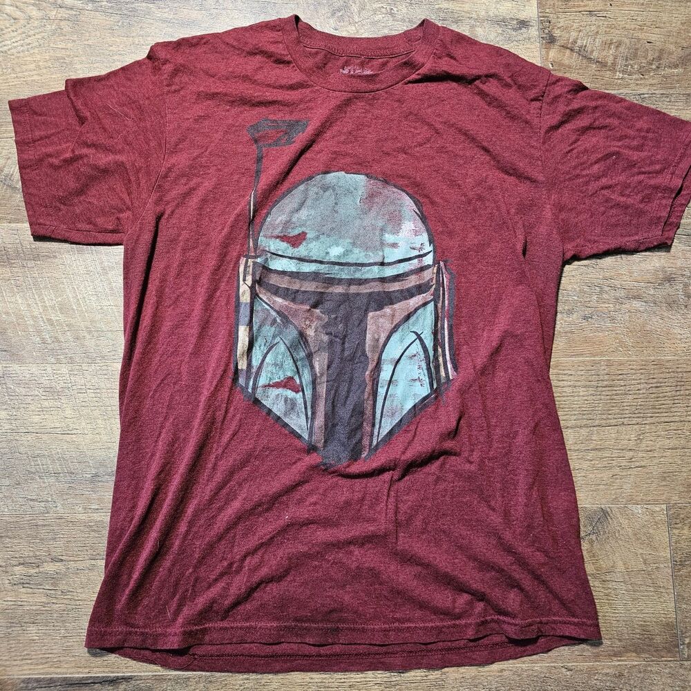 Star Wars Mens L Red Bounty Hunter Boba Fett Mandalorian Helmet Graphic Tshirt
